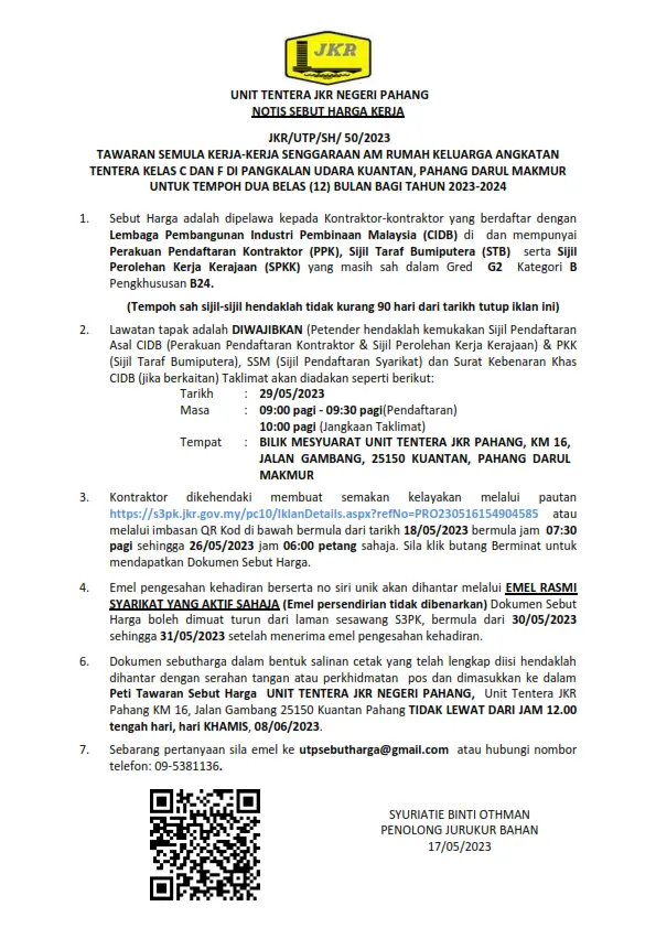 TAWARAN SEMULA KERJA-KERJA SENGGARAAN AM RUMAH KELUARGA ANGKATAN TENTERA KELAS C DAN F DI PANGKALAN UDARA KUANTAN, PAHANG DARUL MAKMUR UNTUK TEMPOH DUA BELAS (12) BULAN BAGI TAHUN 2023 – 2024